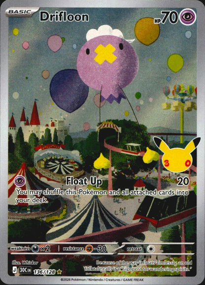 Drifloon 136/128 ME: 30th Celebration Holo Illustration Rare Pokemon Near Mint