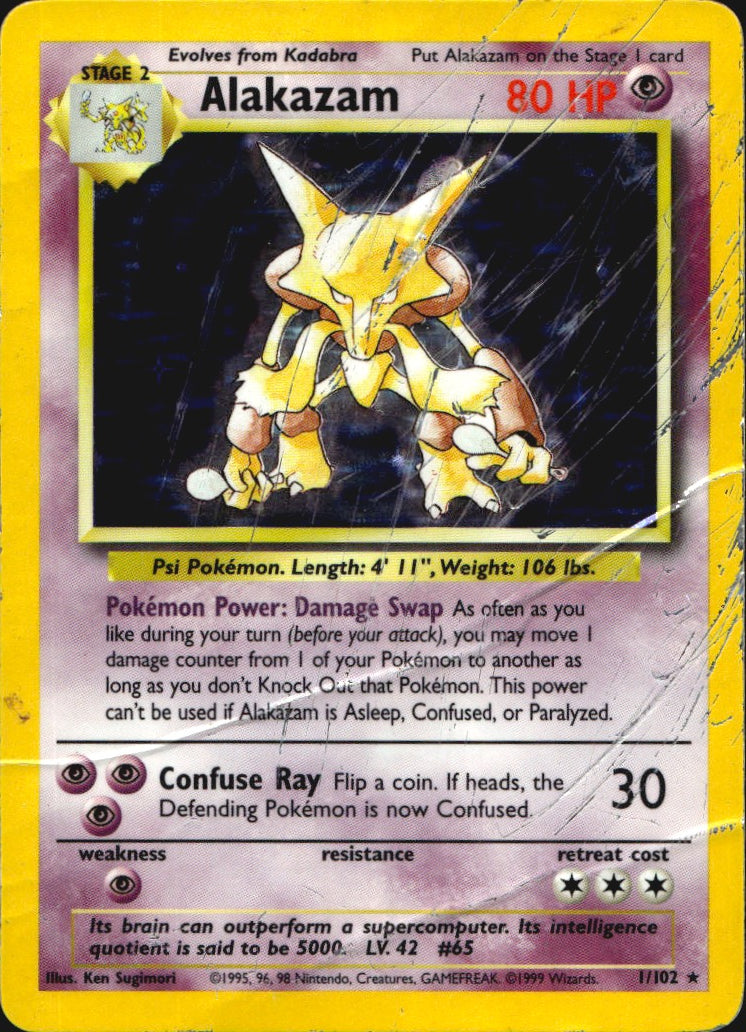 Alakazam 1/102 Holo Holo Rare Base Set Unlimited Pokemon Damaged