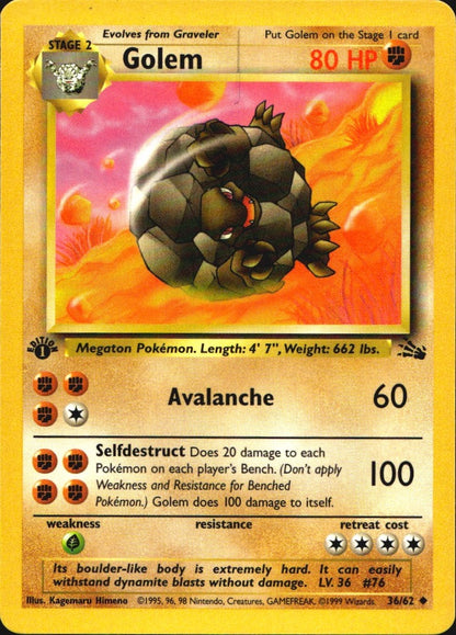 Golem 36/62 Fossil Uncommon Pokemon 1st Edition Near Mint
