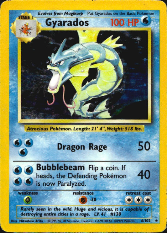 Gyarados 6/102 Holo Holo Rare Base Set Unlimited Pokemon Moderately Played