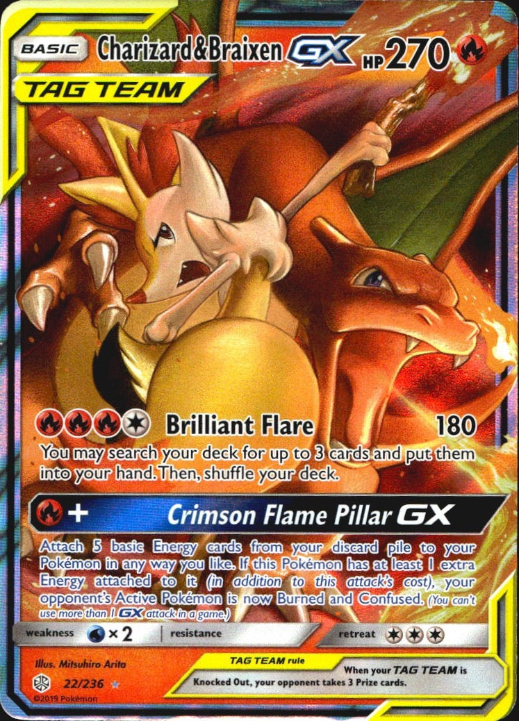 Charizard & Braixen GX 22/236 Holo GX Rare Cosmic Eclipse Pokemon Lightly Played
