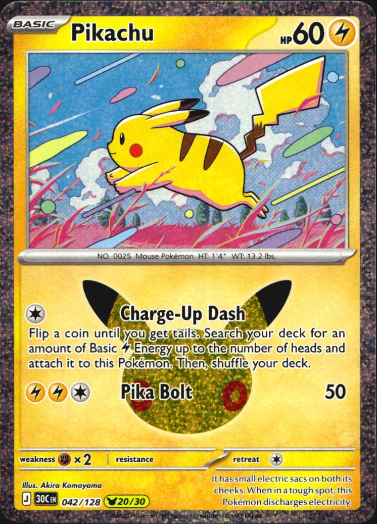 Pikachu 042/128 ME: 30th Celebration Holo Pikachu Rare Pokemon Near Mint