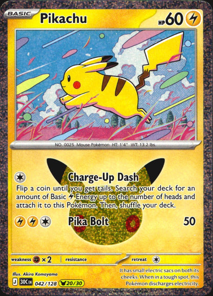 Pikachu 042/128 ME: 30th Celebration Holo Pikachu Rare Pokemon Near Mint
