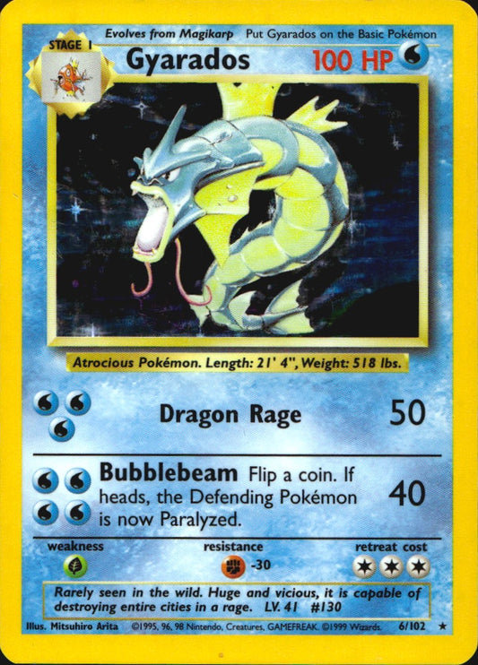 Gyarados 6/102 Holo Holo Rare Base Set Unlimited Pokemon Moderately Played
