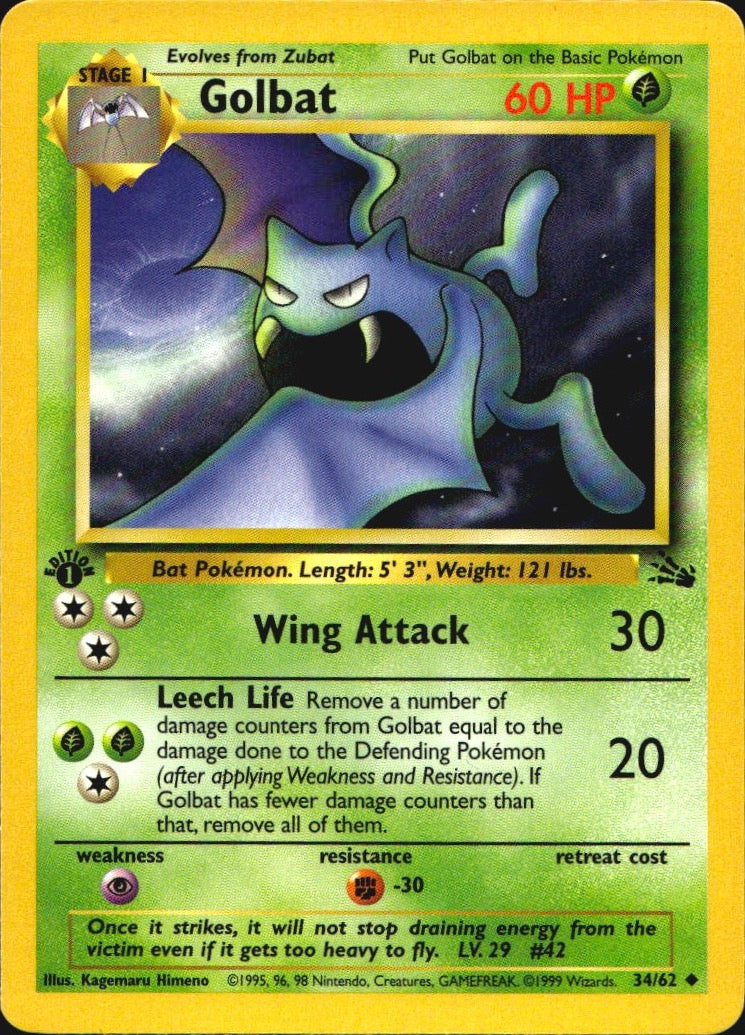 Golbat 34/62 Fossil Uncommon Pokemon 1st Edition Near Mint