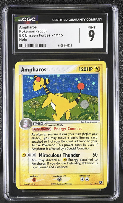 Ampharos 1/115 Holo EX Unseen Forces Pokemon CGC 9 Mint