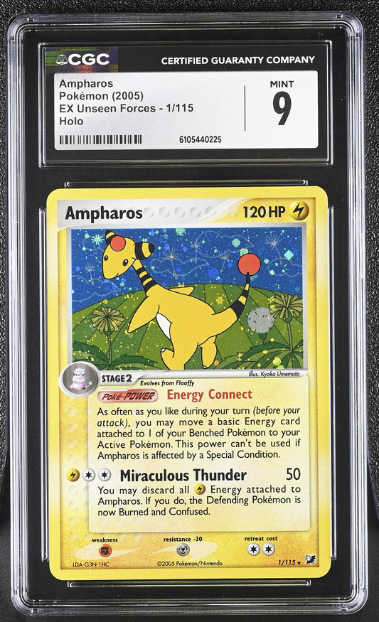 Ampharos 1/115 Holo EX Unseen Forces Pokemon CGC 9 Mint
