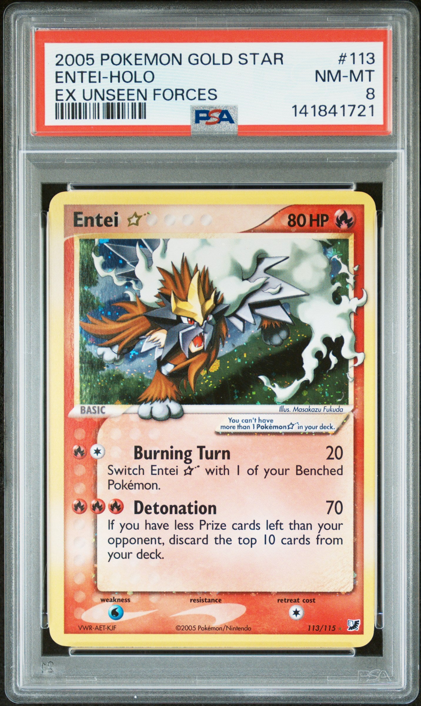 Entei Holo 113/115 Gold Star Unseen Forces Pokemon PSA 8