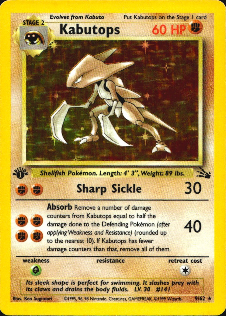 Kabutops 9/62 Rare Fossil Pokemon 1st Edition Holo Near Mint