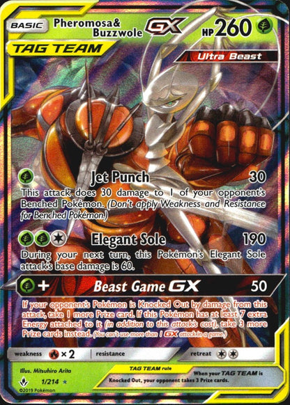 Pheromosa & Buzzwole GX 1/214 Holo GX Rare Unbroken Bonds Pokemon Near Mint