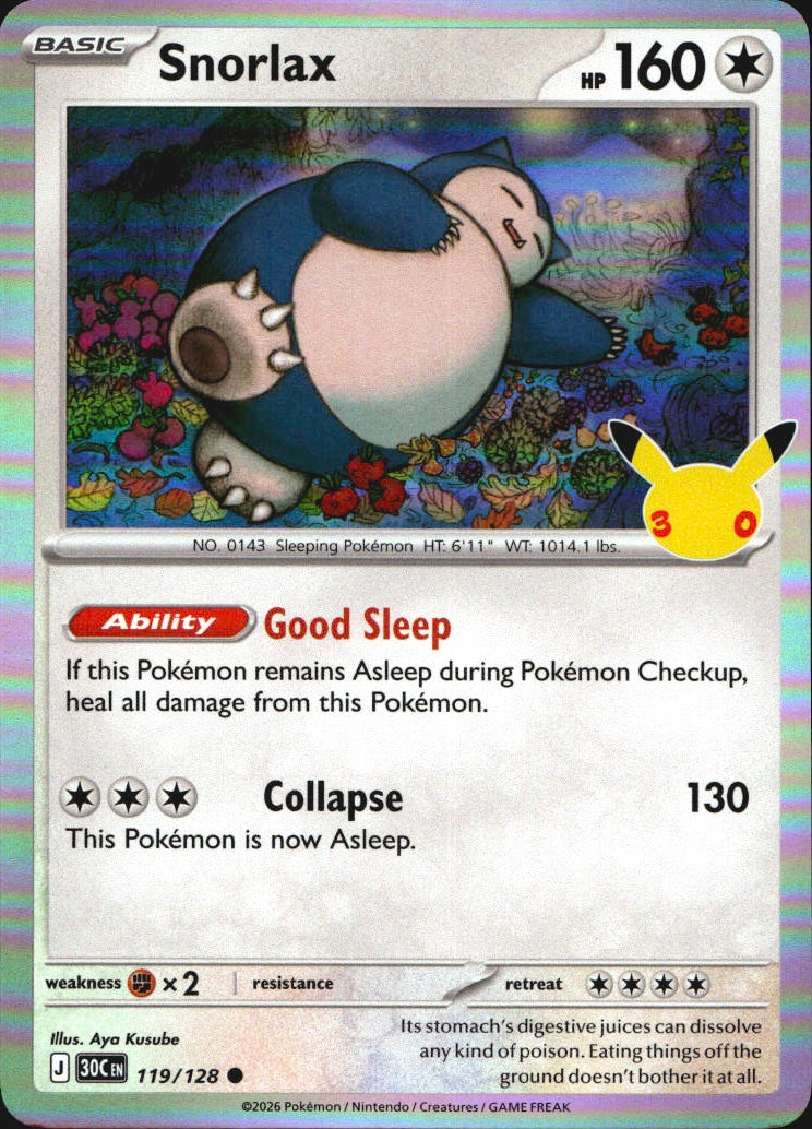 Snorlax 119/128 ME: 30th Celebration Pokemon Holo Near Mint