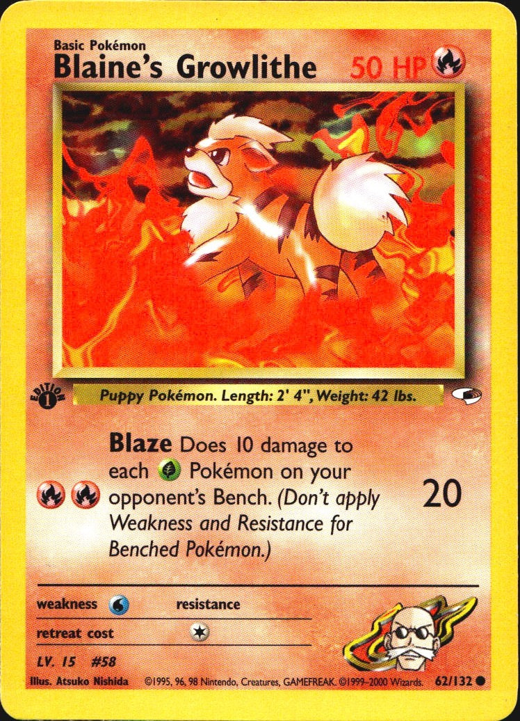 Blaine's Growlithe 62/132 Gym Heroes Common Pokemon 1st Edition Near Mint