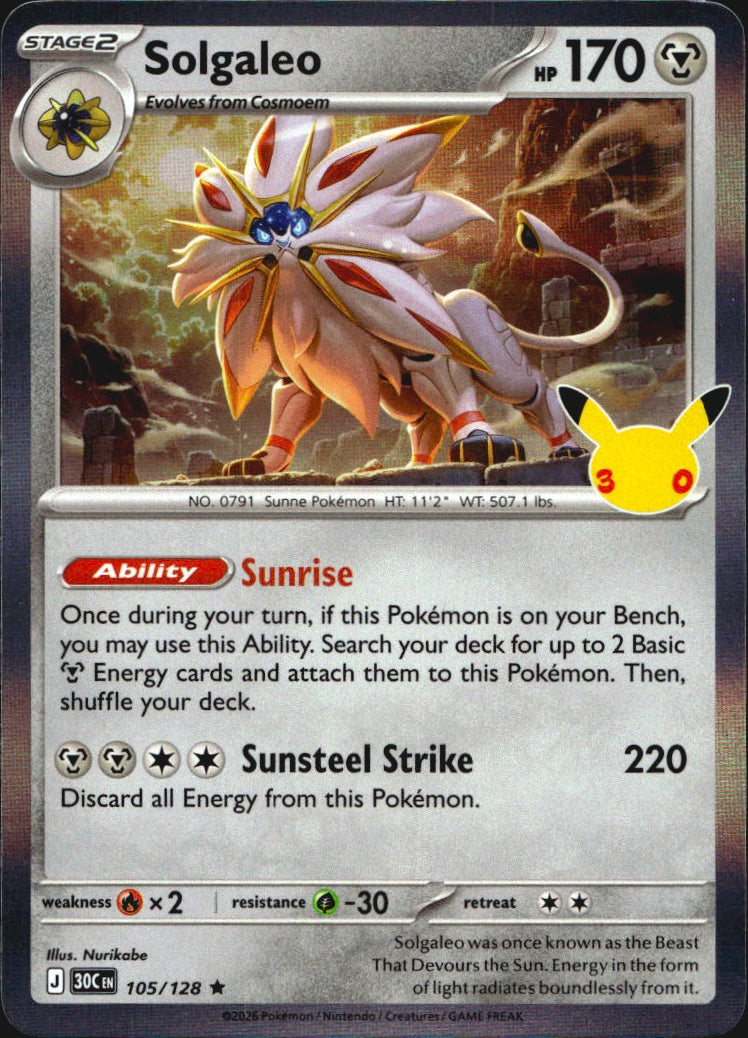 Solgaleo 105/128 ME: 30th Celebration Pokemon Holo Near Mint
