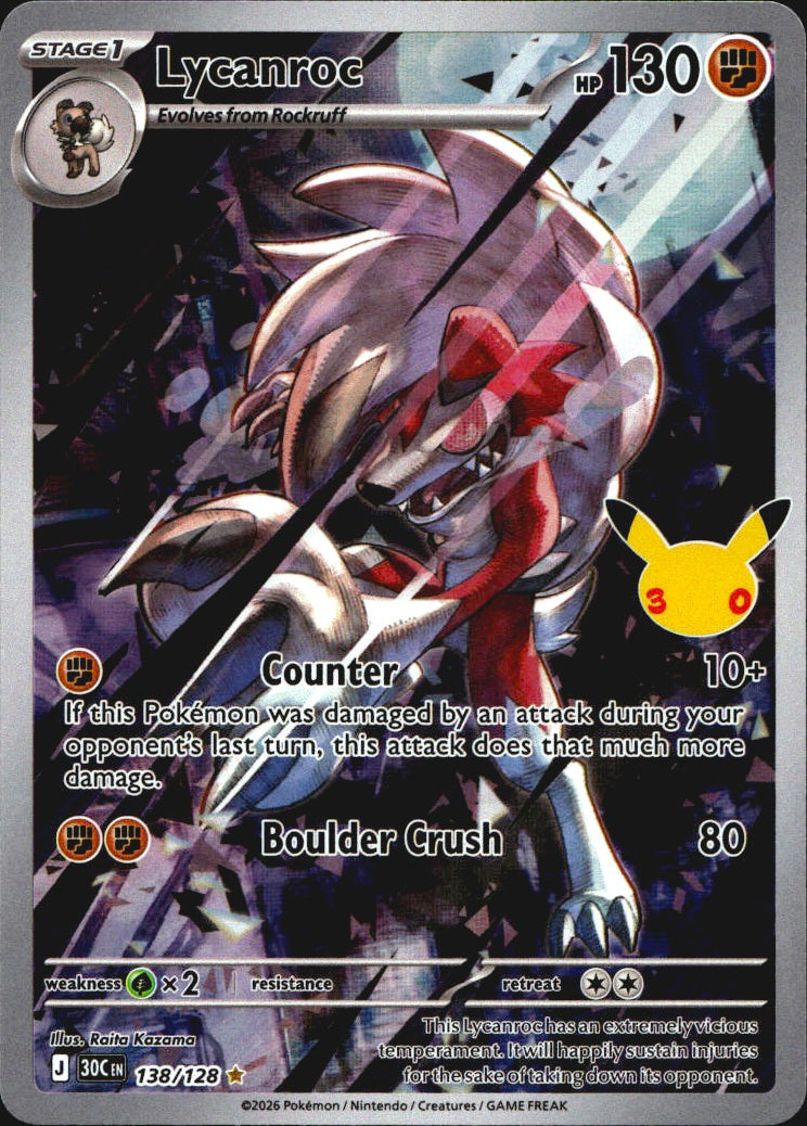 Lycanroc 138/128 ME: 30th Celebration Holo Illustration Rare Pokemon Near Mint