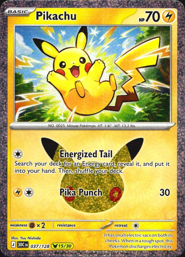 Pikachu 037/128 ME: 30th Celebration Holo Pikachu Rare Pokemon Near Mint
