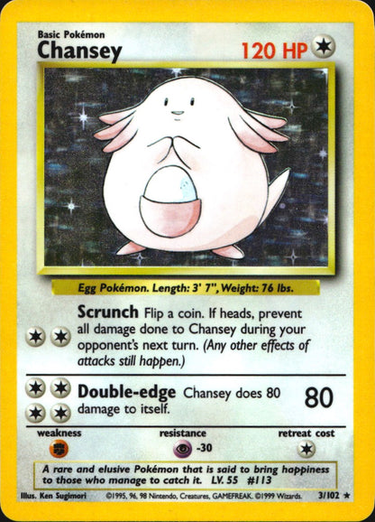 Chansey 3/102 Holo Rare Base Set Unlimited Pokemon Lightly Played