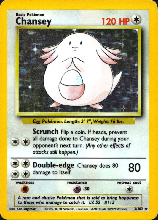 Chansey 3/102 Holo Rare Base Set Unlimited Pokemon Lightly Played