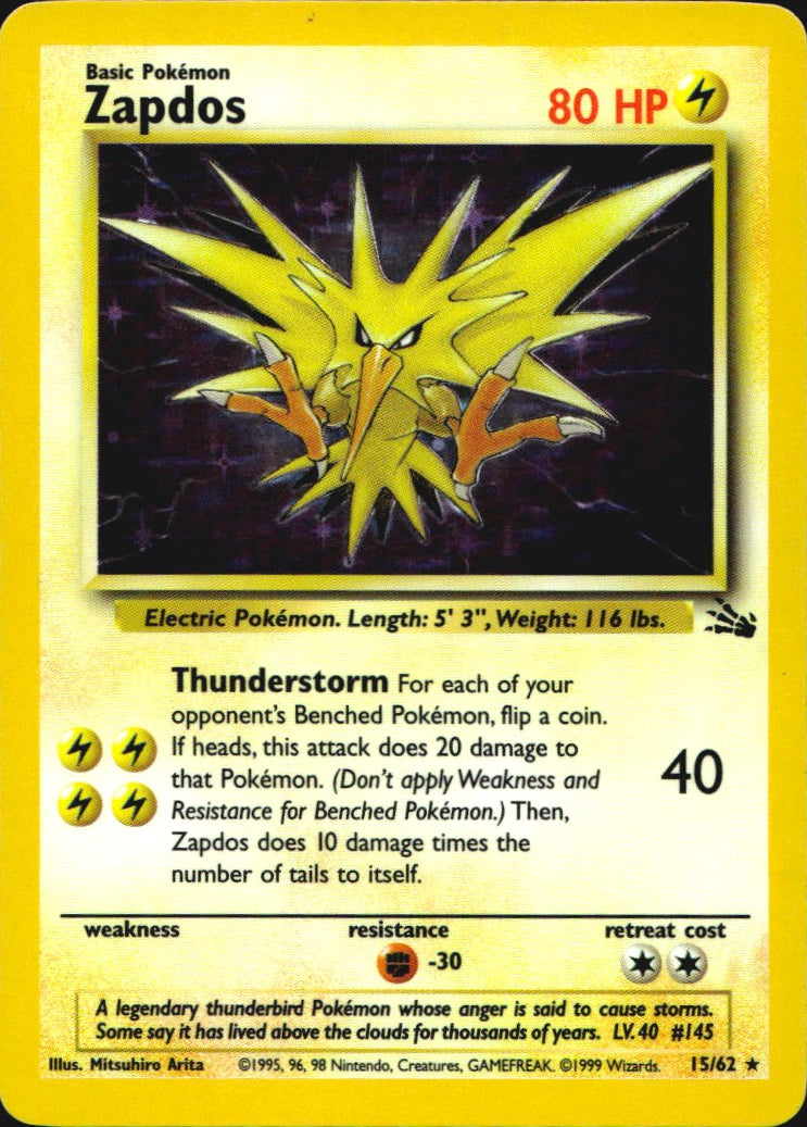 Zapdos 15/62 Rare Fossil Pokemon Unlimited Holo Lightly Played
