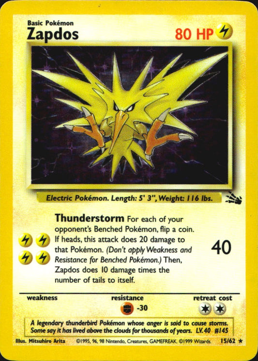 Zapdos 15/62 Rare Fossil Pokemon Unlimited Holo Lightly Played