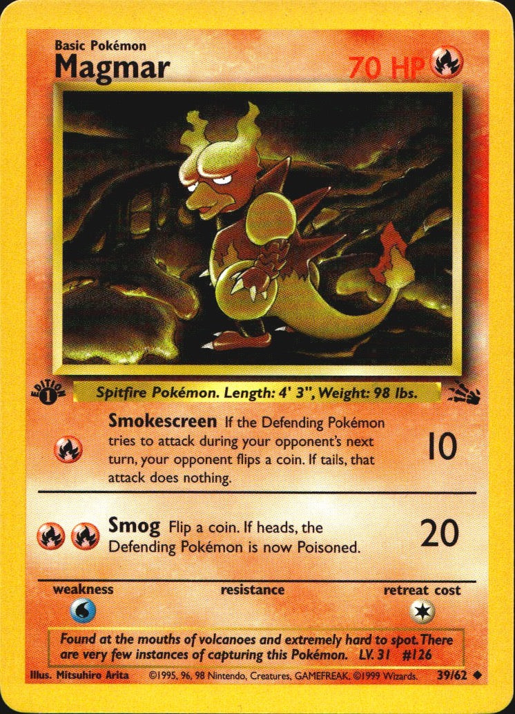 Magmar 39/62 Fossil Uncommon Pokemon 1st Edition Near Mint