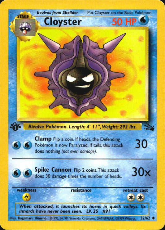 Cloyster 32/62 Fossil Uncommon Pokemon 1st Edition Near Mint