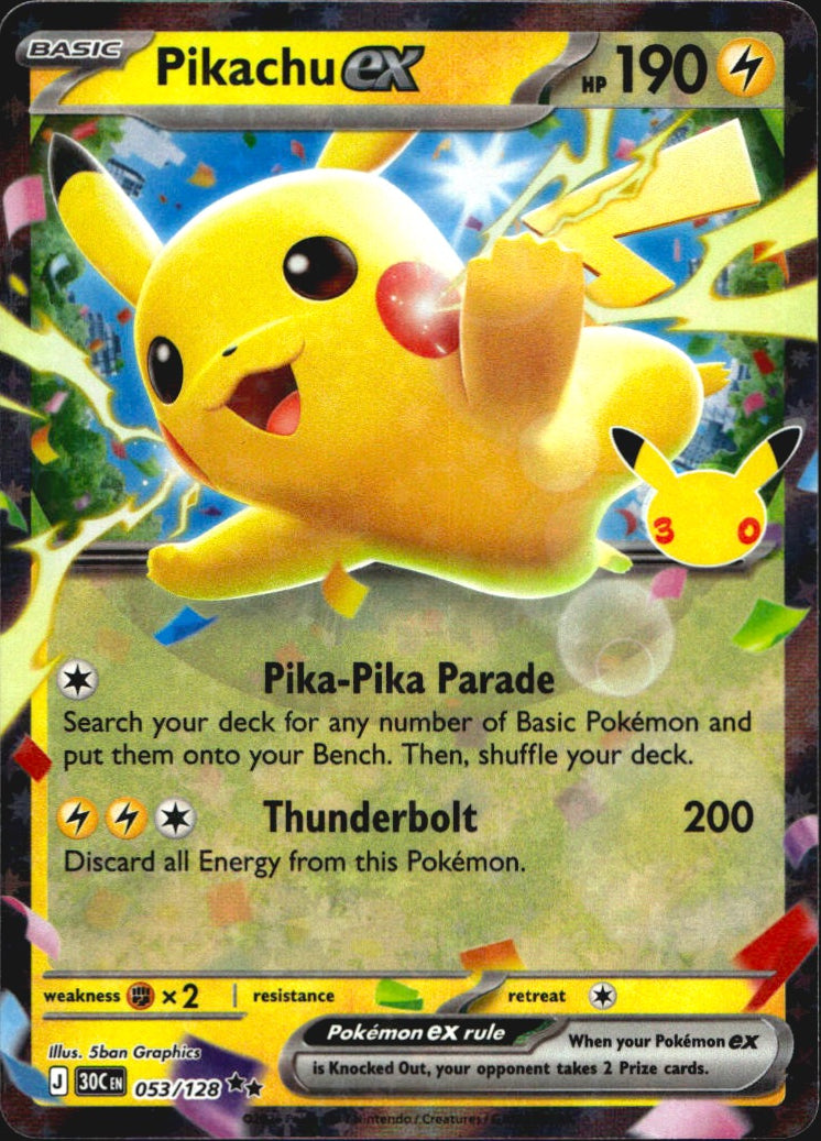 Pikachu ex 053/128 ME: 30th Celebration Holo Double Rare Pokemon Near Mint