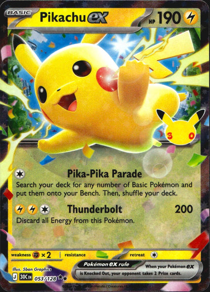 Pikachu ex 053/128 ME: 30th Celebration Holo Double Rare Pokemon Near Mint