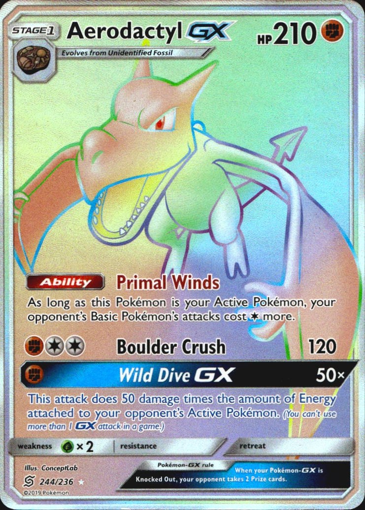 Aerodactyl GX 244/236 Unified Minds Rainbow Rare Pokemon Holo Near Mint