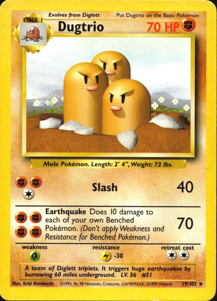 Dugtrio 19/102 Rare Base Set Unlimited Pokemon Lightly Played