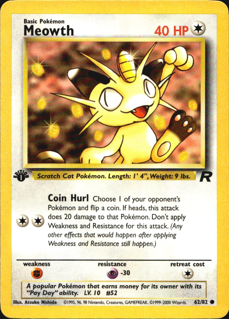 Meowth 62/82 Team Rocket Common Pokemon 1st Edition Near Mint