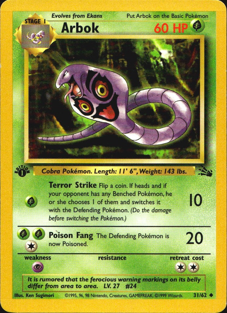 Arbok 31/62 Uncommon Fossil Pokemon 1st Edition Near Mint