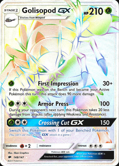 Golisopod GX 148/147 Burning Shadows Rainbow Rare Pokemon Holo Near Mint