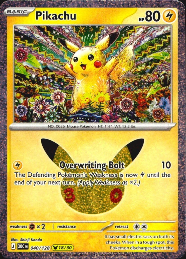 Pikachu 040/128 ME: 30th Celebration Holo Pikachu Rare Pokemon Near Mint