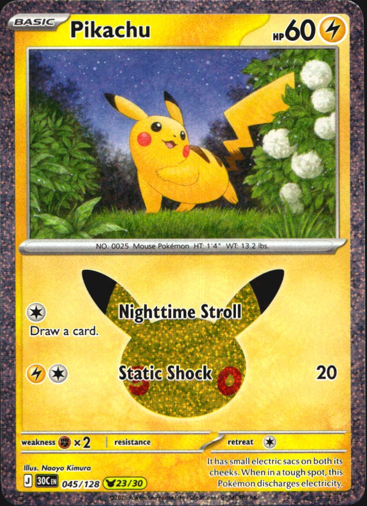 Pikachu 045/128 ME: 30th Celebration Holo Pikachu Rare Pokemon Near Mint