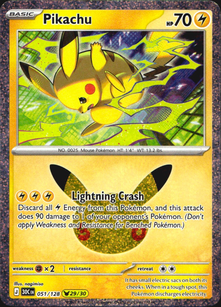 Pikachu 051/128 ME: 30th Celebration Holo Pikachu Rare Pokemon Near Mint