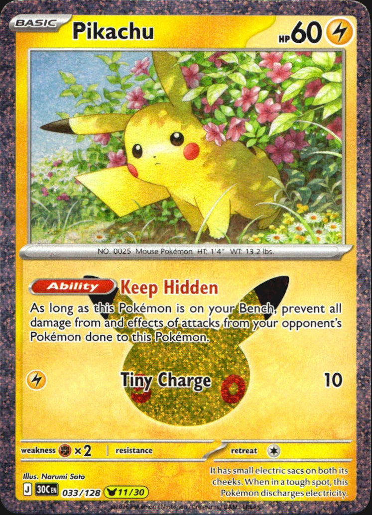 Pikachu 033/128 ME: 30th Celebration Holo Pikachu Rare Pokemon Near Mint