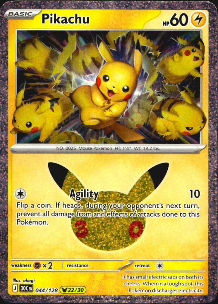 Pikachu 044/128 ME: 30th Celebration Holo Pikachu Rare Pokemon Near Mint