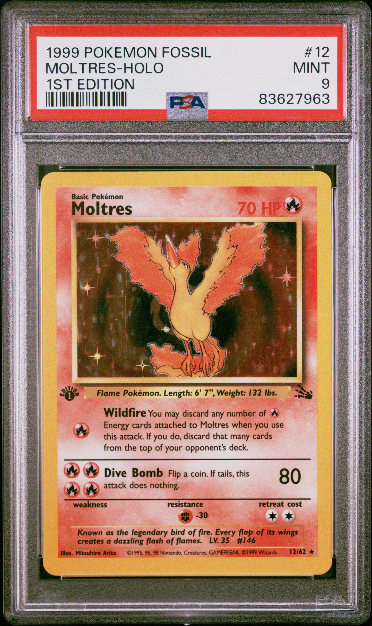 Moltres Holo 12/62 1st Edition Fossil Pokemon PSA 9