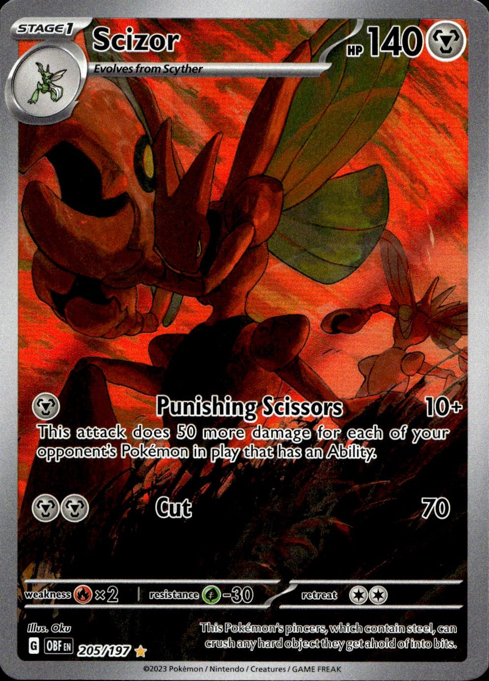 Scizor 205/197 Illustration Rare Obsidian Flames Pokemon Near Mint