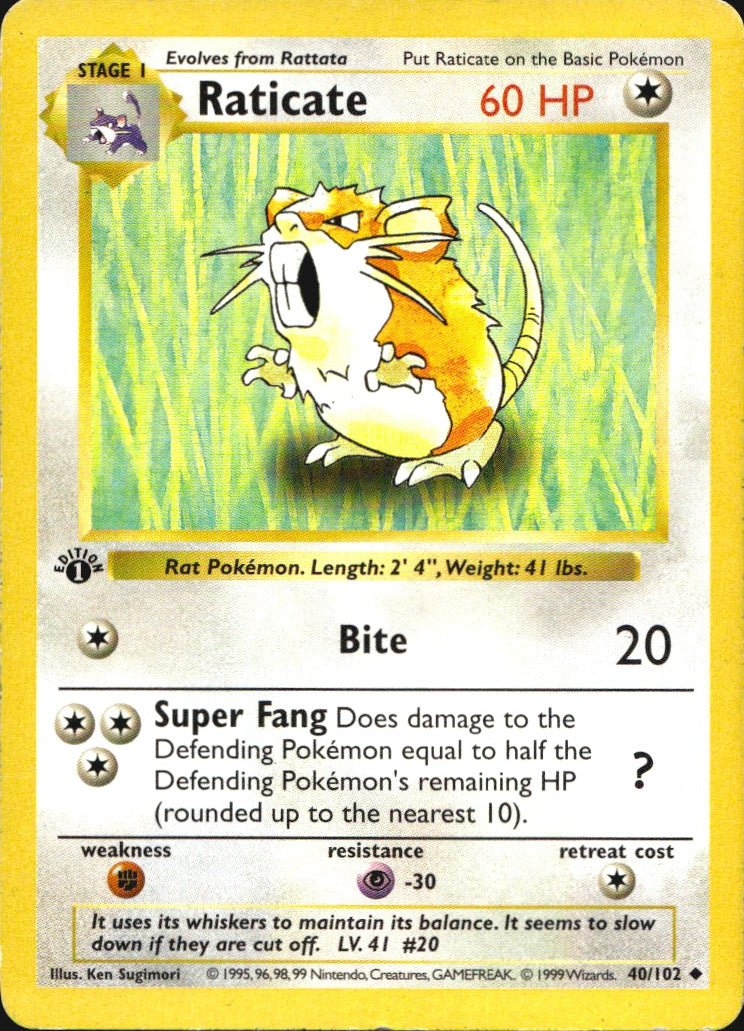 Raticate 40/102 Uncommon Base Set Shadowless Pokemon 1st Edition MP
