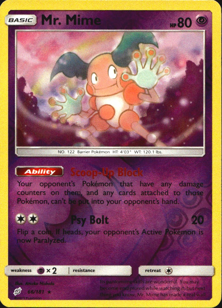 Mr. Mime 66/181 Rare Team Up Pokemon Reverse Holo Near Mint