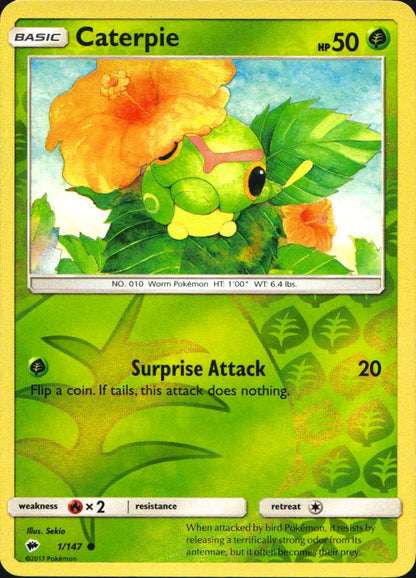 Caterpie 1/147 Common Burning Shadows Pokemon Reverse Holo Near Mint