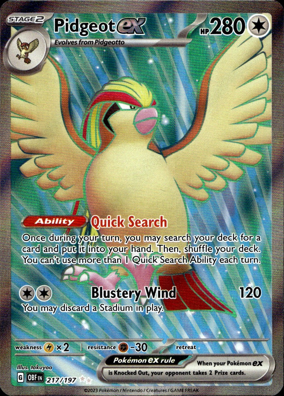 Pidgeot ex 217/197 Ultra Rare Obsidian Flames Pokemon Near Mint