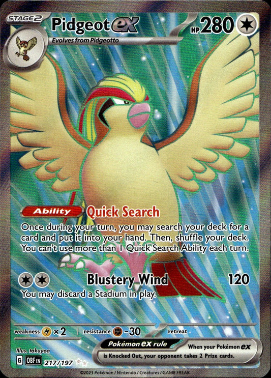 Pidgeot ex 217/197 Ultra Rare Obsidian Flames Pokemon Near Mint