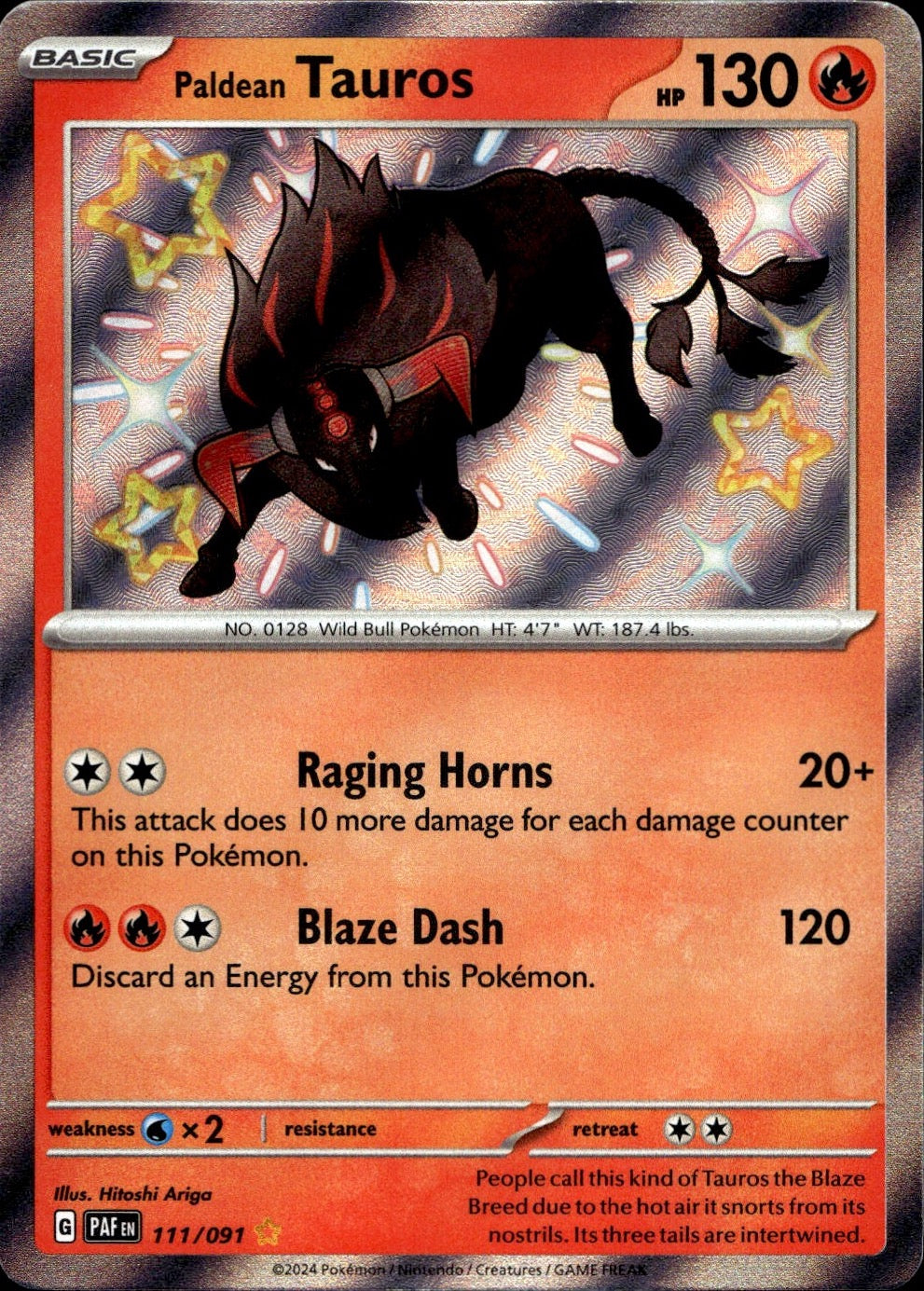 Paldean Tauros 111/091 Shiny Rare Paldean Fates Pokemon Near Mint