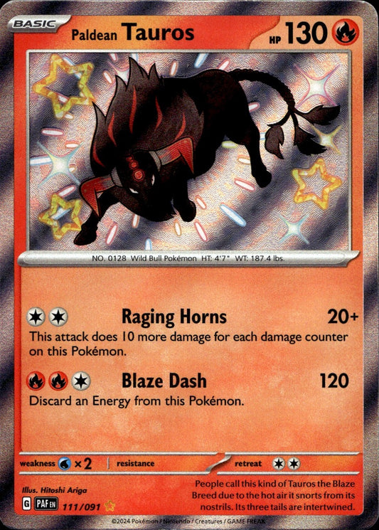 Paldean Tauros 111/091 Shiny Rare Paldean Fates Pokemon Near Mint