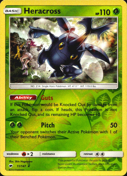 Heracross 11/147 Rare Burning Shadows Pokemon Reverse Holo Near Mint