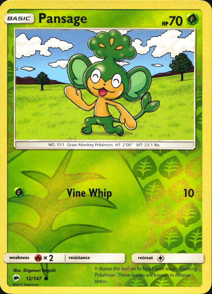 Pansage 12/147 Common Burning Shadows Pokemon Reverse Holo Near Mint