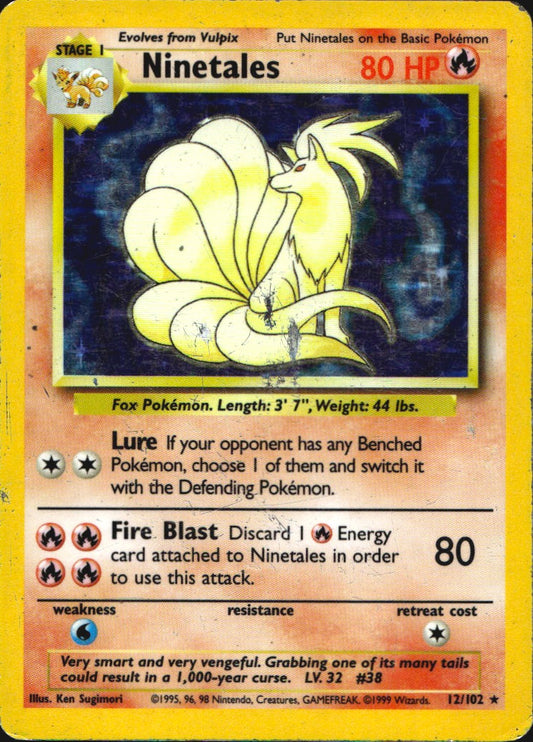 Ninetales 12/102 Holo Rare Base Set Unlimited Pokemon Heavily Played