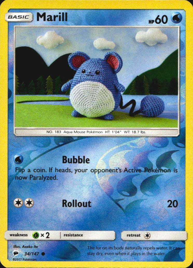 Marill 34/147 Common Burning Shadows Pokemon Reverse Holo Near Mint